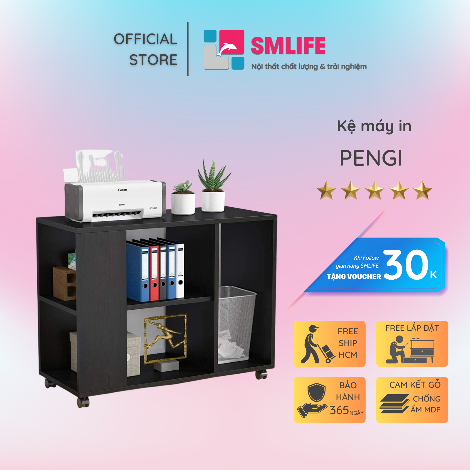 Kệ để máy in gỗ hiện đại SMLIFE Pengi | Gỗ MDF dày 17mm chống ẩm | D90xR40xC71cm