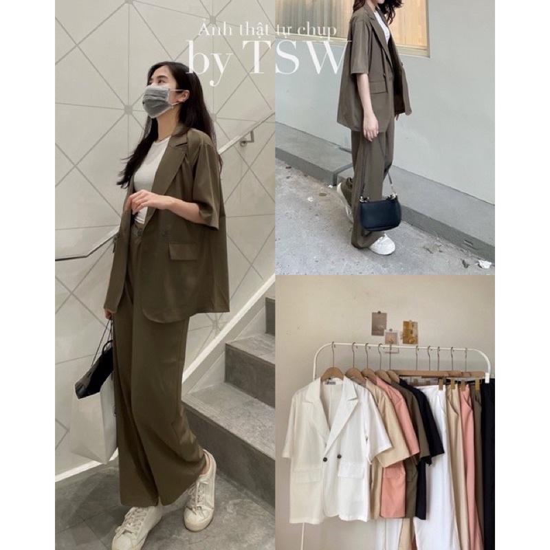 Set ÁO BLAZER MIX QUẦN ỐNG SUÔNG style ulzzang/Set áo vét ngăn tay mix quần ống rộng siêu xinh