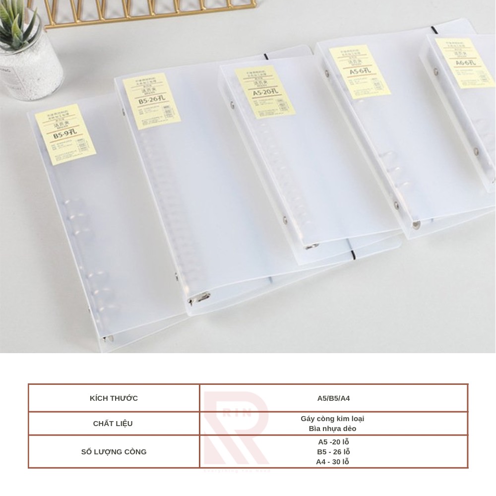 Bìa sổ tay bìa nhựa / Bìa gáy còng có thể thay lõi, ruột sổ nhiều size A5-B5-A4