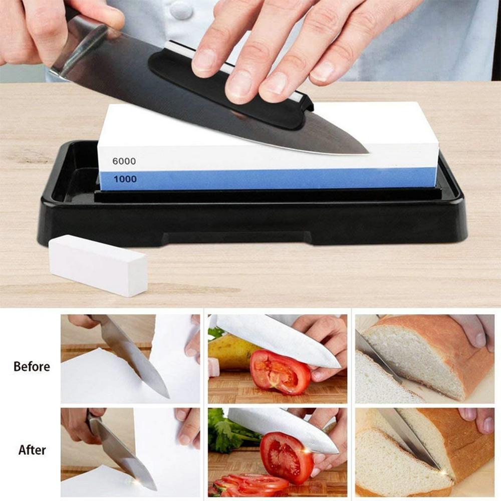 Knife Sharpening Stone Set 1000/6000 2 Side Whetstone Knife Sharpener Wet Stone Sharpening Kit with Non Slip Base Flattening Stone Kitchen Waterstone Hard Plastic BOX