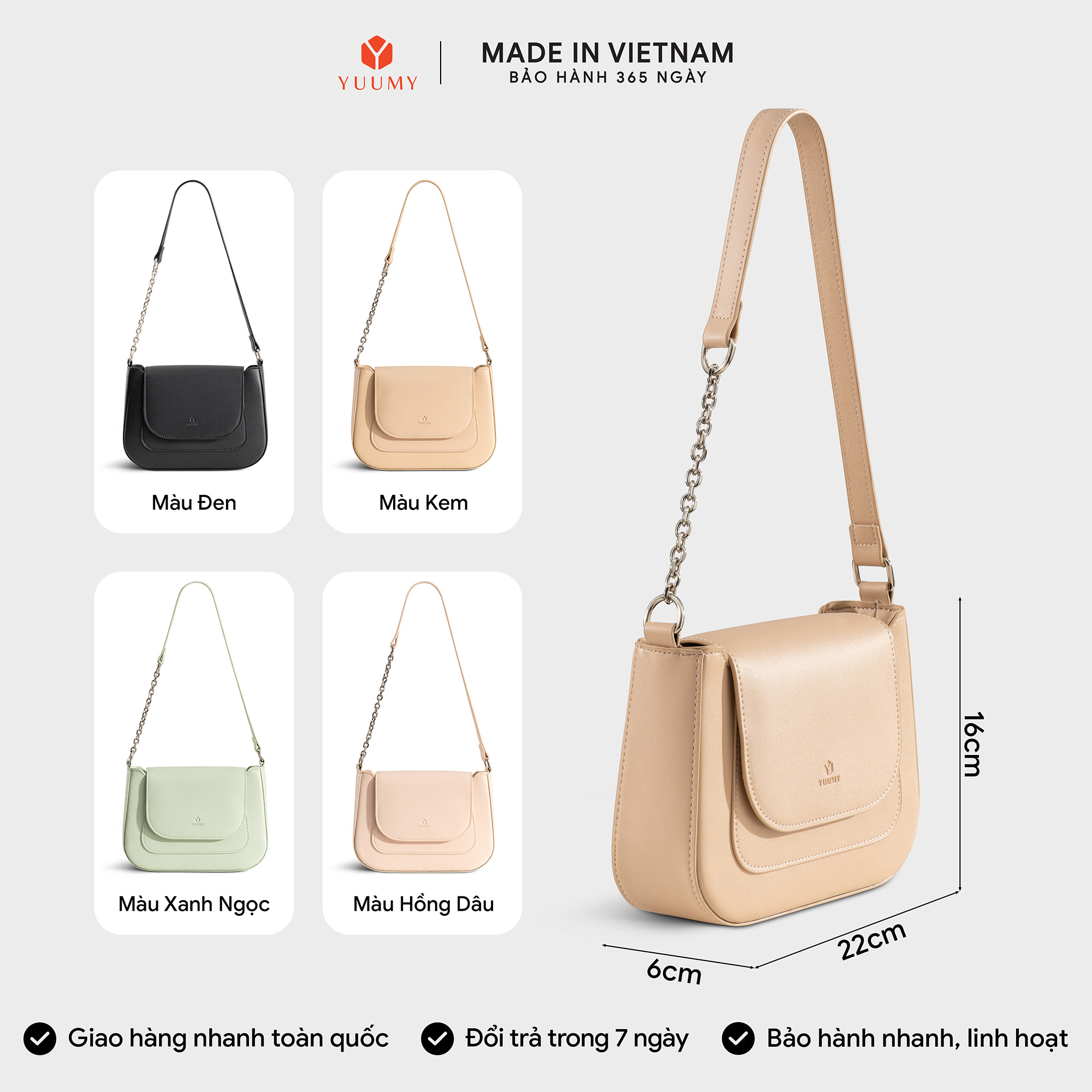 Túi Yuumy ( Thời trang nữ nắp gập bo viền tối giản size 22-  Túi đeo vai da Seasand YN342 )