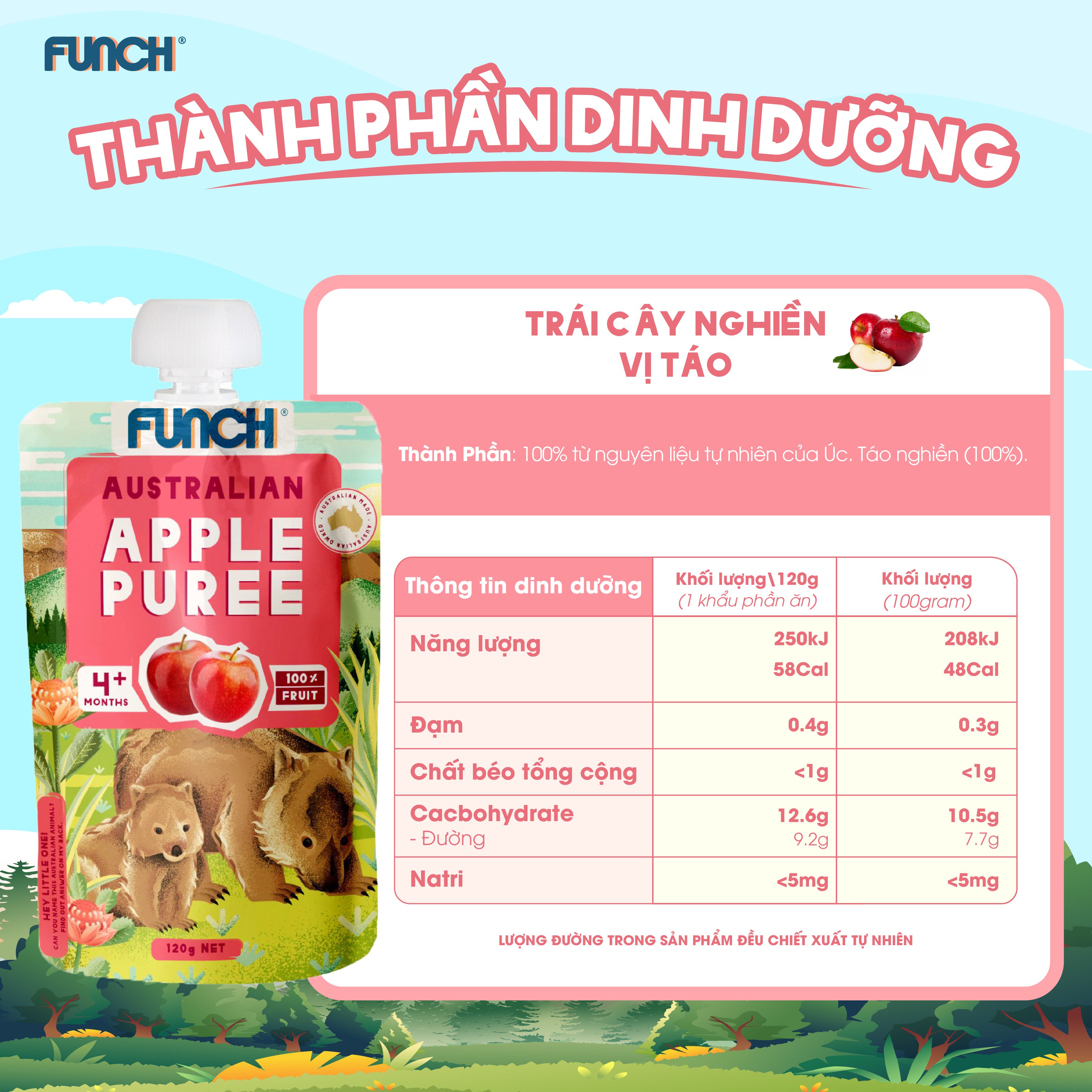 Trái Cây Nghiền Cho Bé Ăn Dặm Từ 4 Tháng Tuổi  FUNCH 100% Táo Xay Nhuyễn 120g