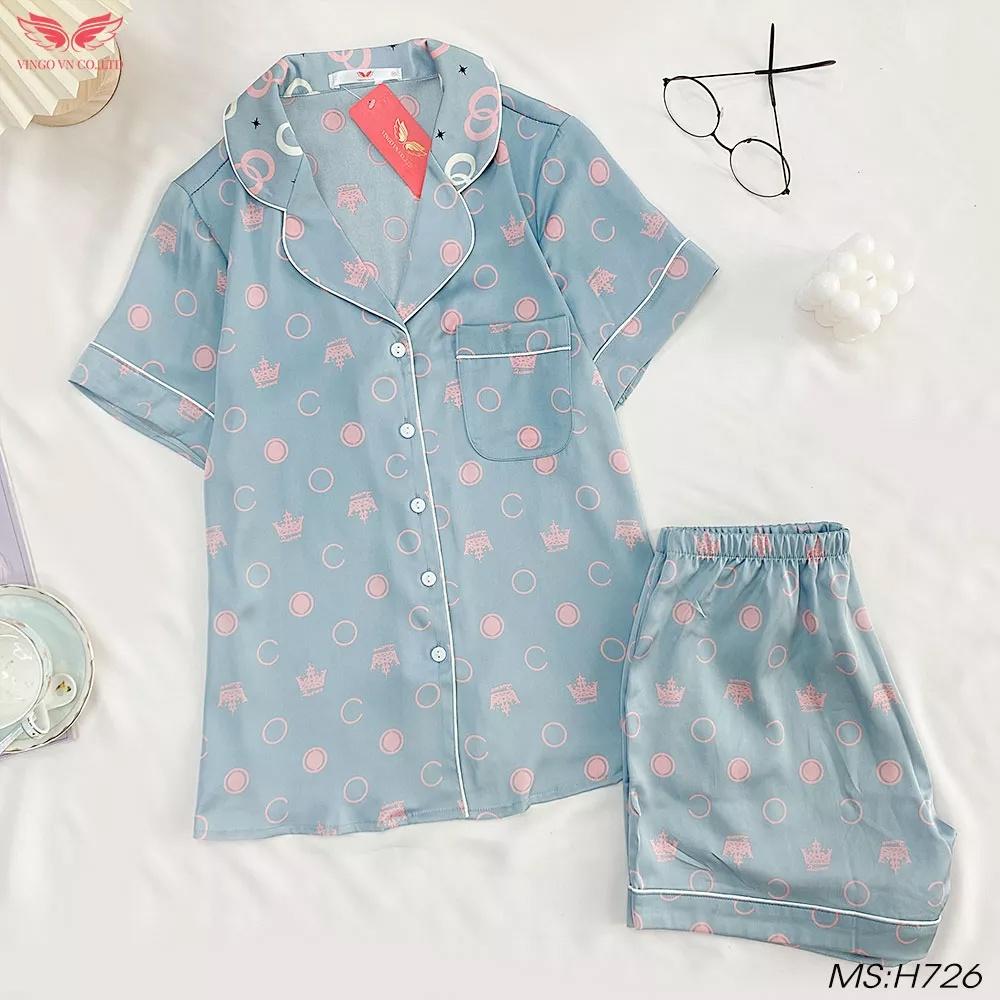 Đồ bộ nữ mặc nhà Pijama VINGO lụa Gấm tay ngắn quần đùi hoạ tiết vương miện dễ thương mặc mùa Hè thoải mái H726 VNGO