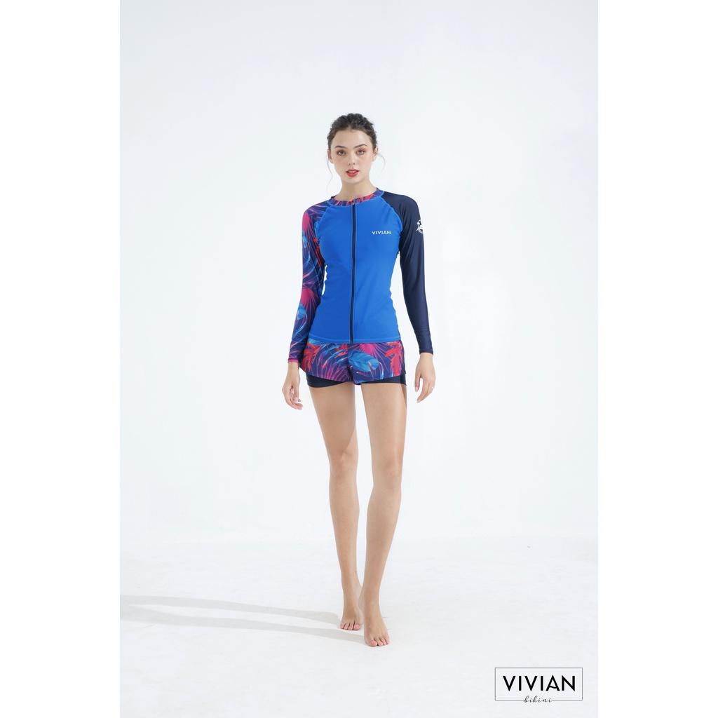 Áo bơi NỮ lẻ VIVIAN BIKINI kiểu tay dài có khóa, tay phối lệch màu - Xanh navy - VS159_NV
