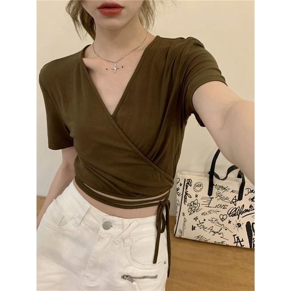 Áo thun croptop nữ hè cỏ V bó eo buộc dây