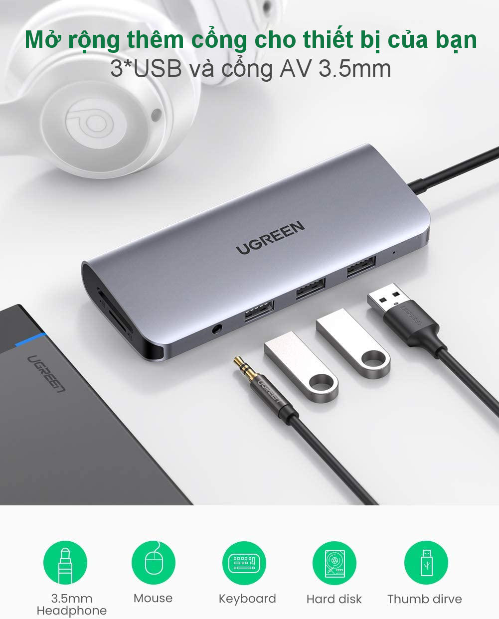 Bộ chuyển đổi đa năng UGREEN CM121 CM212 cho MacBook, Dell XPS 13, và thiết bị máy tính điện thoại hỗ trợ USB type C - Hàng chính hãng