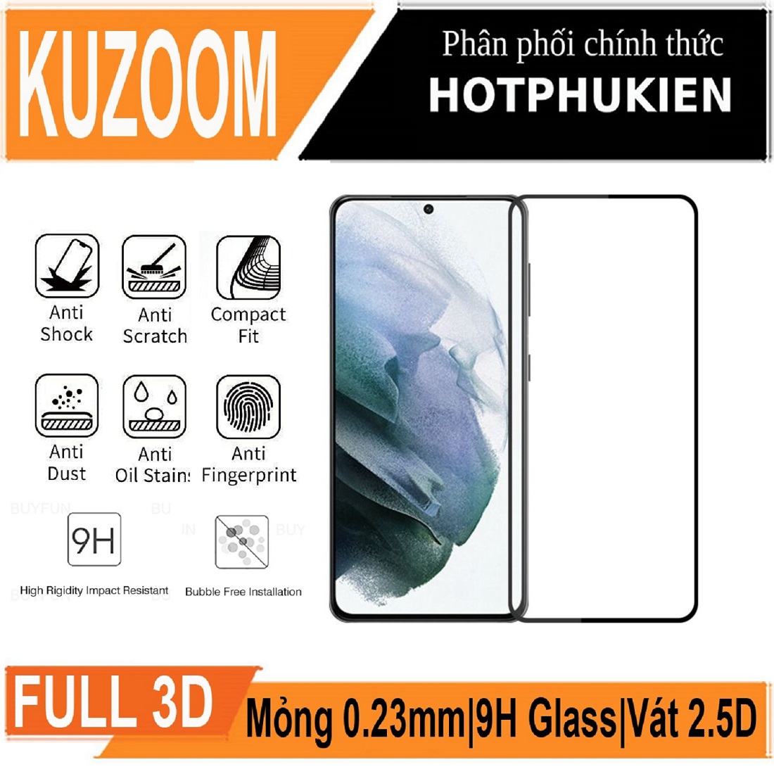 Miếng dán kính cường lực 3D cho Samsung Galaxy S22 / Galaxy S22 Ultra / Galaxy S22 Plus / Galaxy S22+ hiệu Kuzoom Protective Glass - mỏng 0.3mm, vát cạnh 2.5D, độ cứng 9H, viền cứng mỏng - Hàng nhập khẩu
