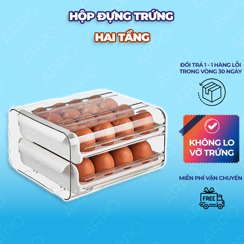 Hộp Đựng Trứng Hai Tầng 32 Ô Tiện Dụng Tích Hợp Khay Trượt Đựng Trứng gà Phong Cách Nhật Bản