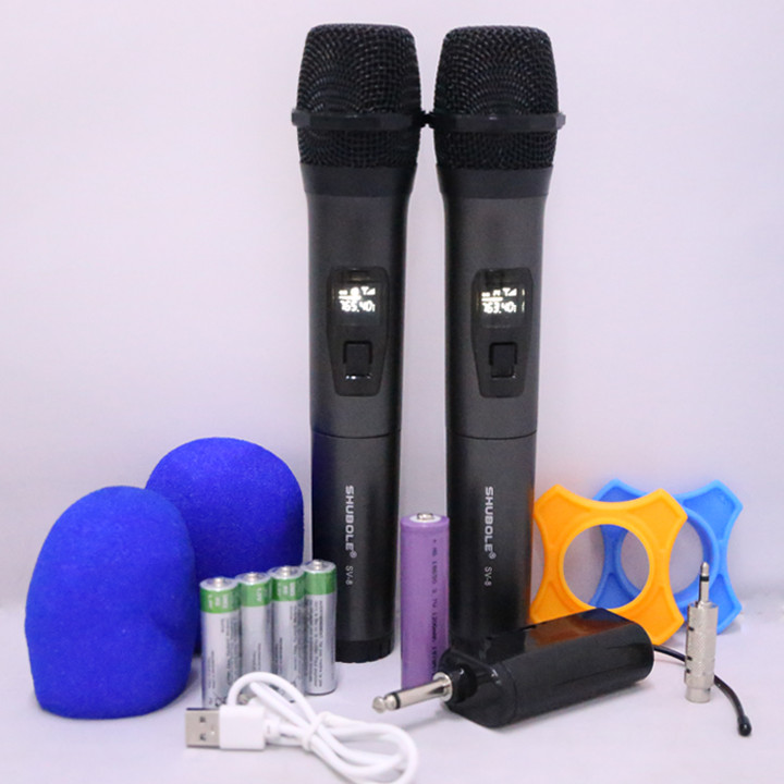 Micro Karaoke Không Dây Shubole SV-8 Gồm 2 Micro 1 Đầu Thu Mini Hỗ Trợ Hầu Hết Các Loại Loa, Amply Chính Hãng