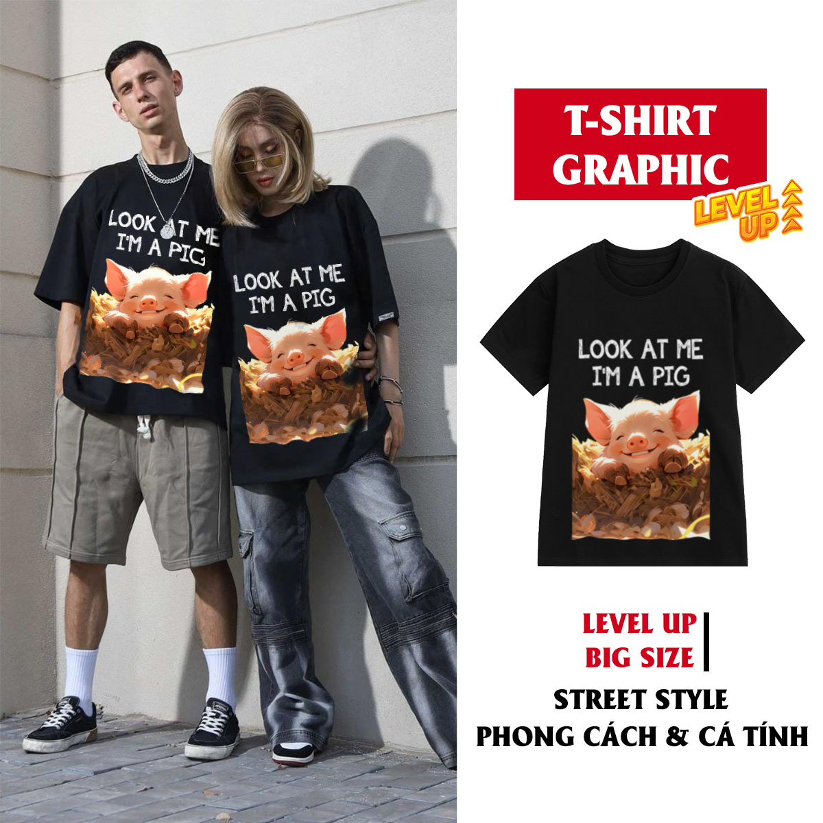 Áo thun nam cổ tròn tay ngắn TeeSett big size boy phố cotton màu đen in hình heo graphic design