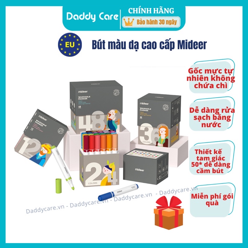 Hộp Bút Dạ Màu Nước An Toàn cho bé Washable Marker Mideer, bộ bút highlight