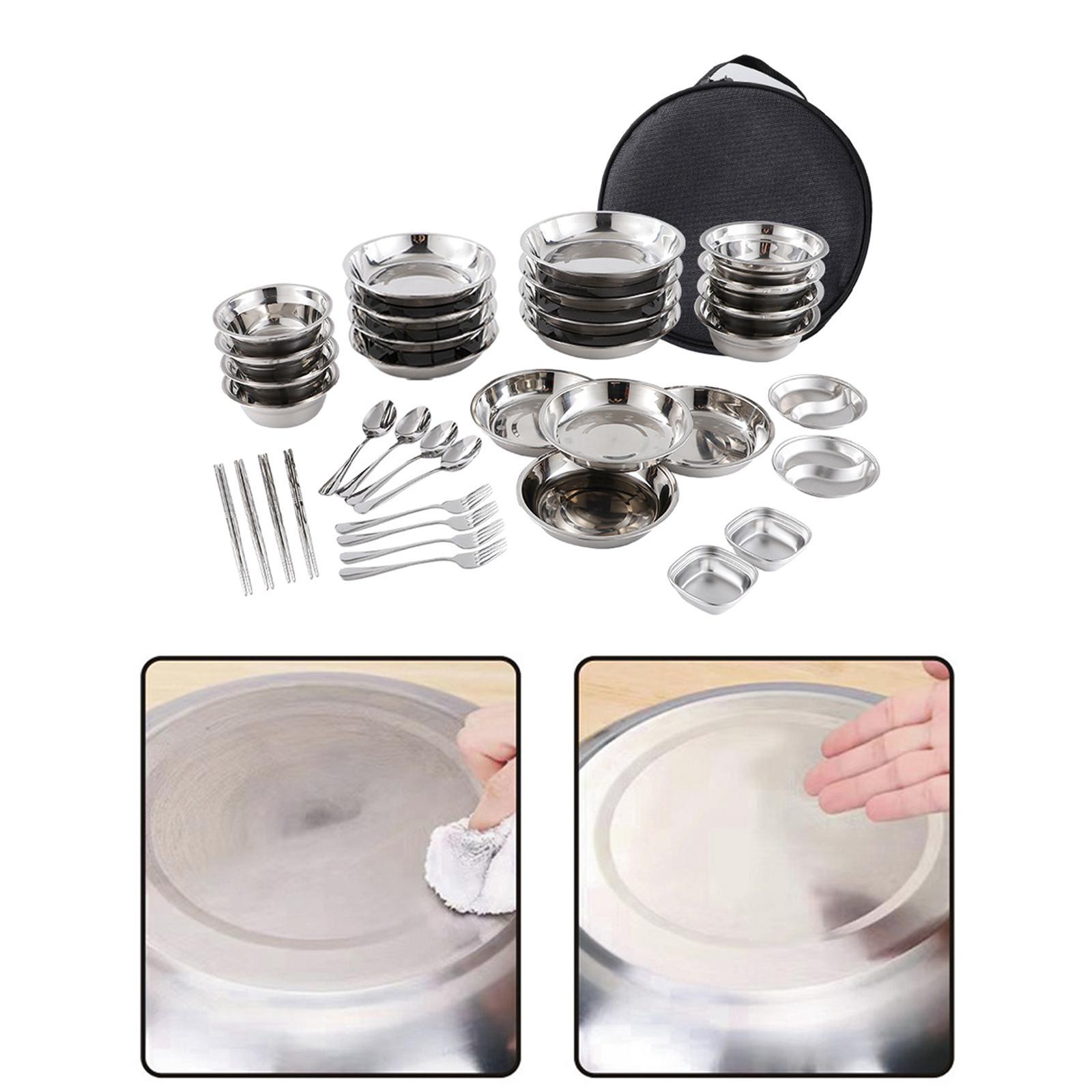 Stainless Steel Plates and Bowls Camping Set Durable for Family Travel Party