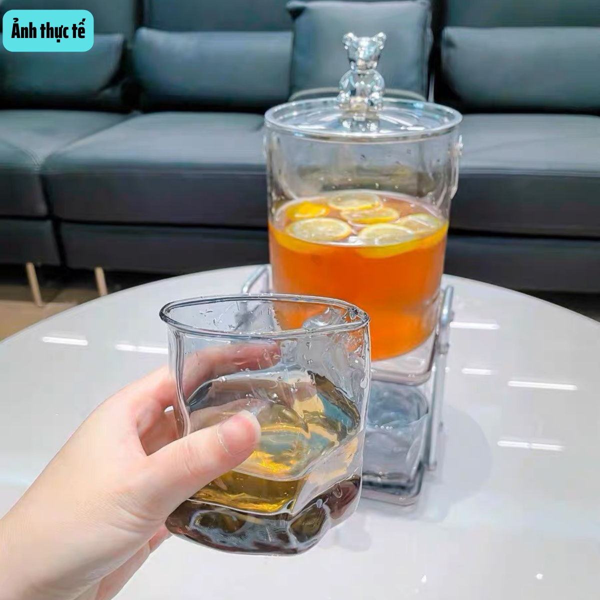 Bộ bình nước thủy tinh dung tích 3000ml, Bộ ly thủy tinh Borosilicate, Hình gấu màu bạc, có giá đỡ màu bạc sang trọng