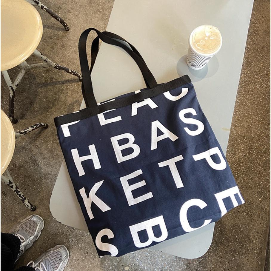 T334/ Túi tote túi vải canvas peach basket đeo vai và có tay xách - 3 màu nâu, xanh navy, trắng