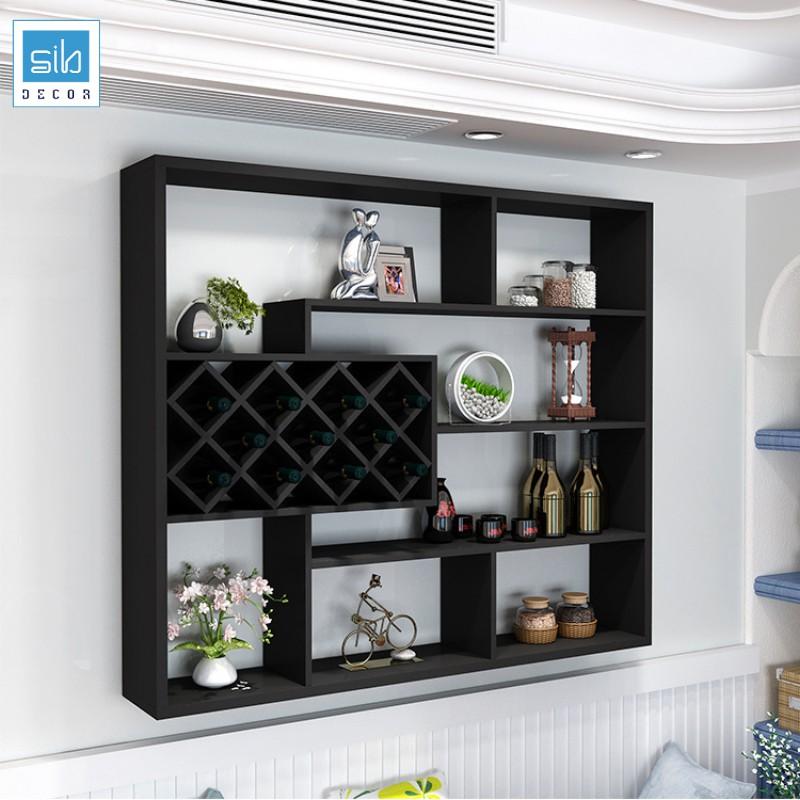 Kệ Gỗ Để Rượu Treo Tường Chữ Nhật SIB Decor Chịu Lực Tốt Với Hơn 100 Chai, Kết Cấu Giấu Chân, Dễ Dàng Lắp Ráp