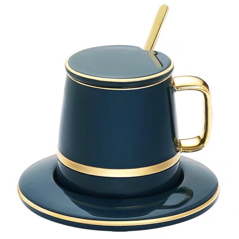 Cốc cà phê sứ phong cách Bắc Âu tặng kèm đĩa sứ xanh, thìa inox 304 mạ vàng