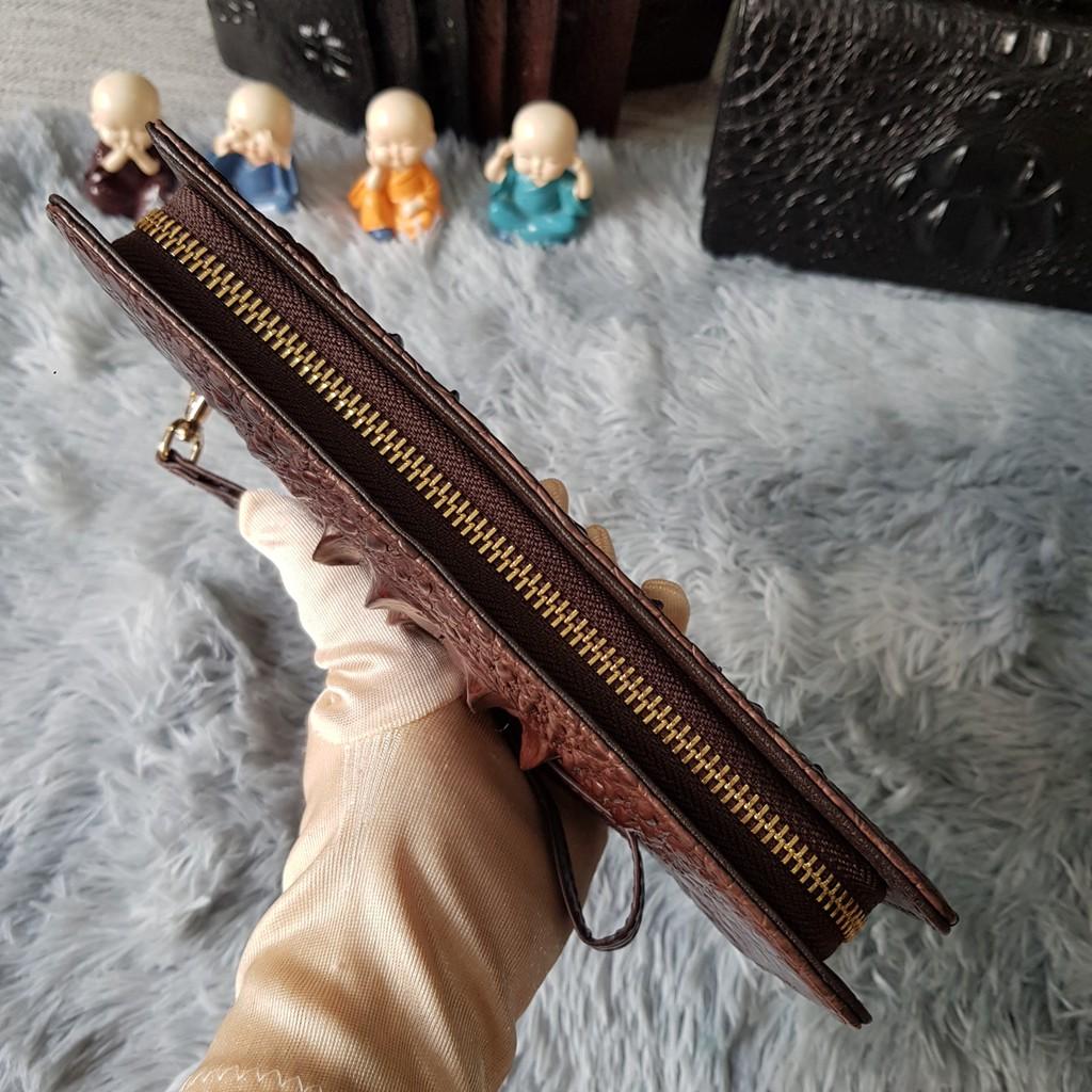 Ví Cầm Tay Cá Sấu Nữ/Nam | Ví Clutch Da Cá Sấu Gù To Một Khóa | Màu Nâu Cafe | Bảo Hành 24 Tháng.