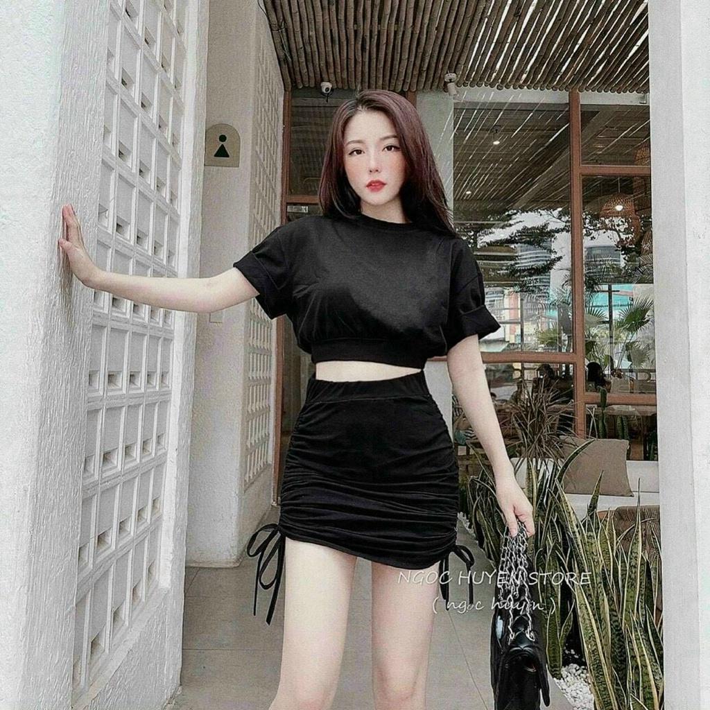 Sét bộ cotton áo cổ tròn croptop kèm chân váy rút dây y hình