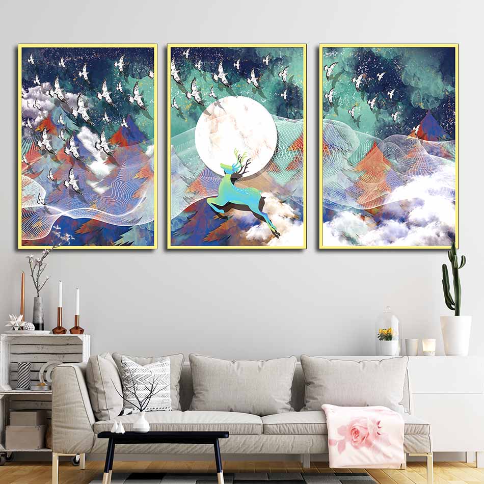 Bộ 3 tranh canvas treo tường Decor họa tiết cách điệu hươu và rừng cây, phong cách hiện đại - DC024