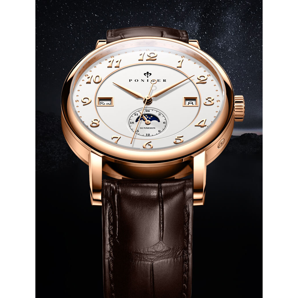 Đồng hồ nam Poniger P915-1 Chính hãng ,Kính sapphire nguyên khối ,chống xước,chống nước 50m,mặt trắng vỏ vàng hồng dây da nâu ( đen) xịn,vỏ máy thép không gỉ 316L,Đồng hồ cơ (Automatic) bảo hành 24 tháng, hàng mới 100%,thiết kế trẻ trung và sang trọng