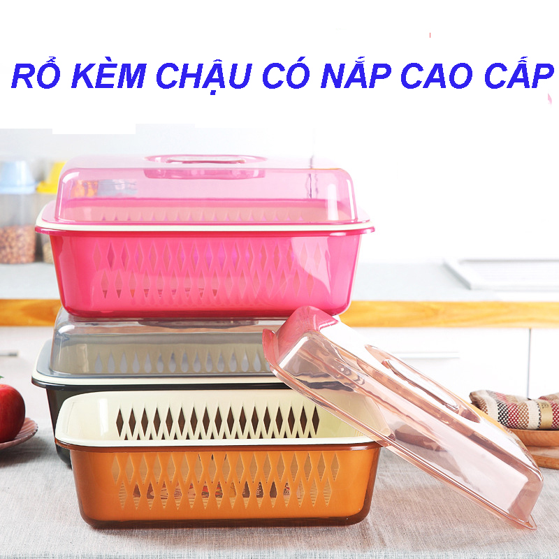 Set rổ chậu kèm nắp đậy trong suốt nhựa cao cấp - Đựng hoa quả, úp cốc đựng rổ rau sống sang trọng KT: 34.5x25.1x15 cm