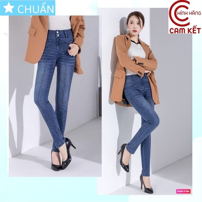Quần jean nữ ống ôm QRO89 ROSATA tại BCASHOP dáng dài, lưng cao 2 nút, phom chuẩn phối sọc ngang, chất liệu jean cao cấp - màu xanh