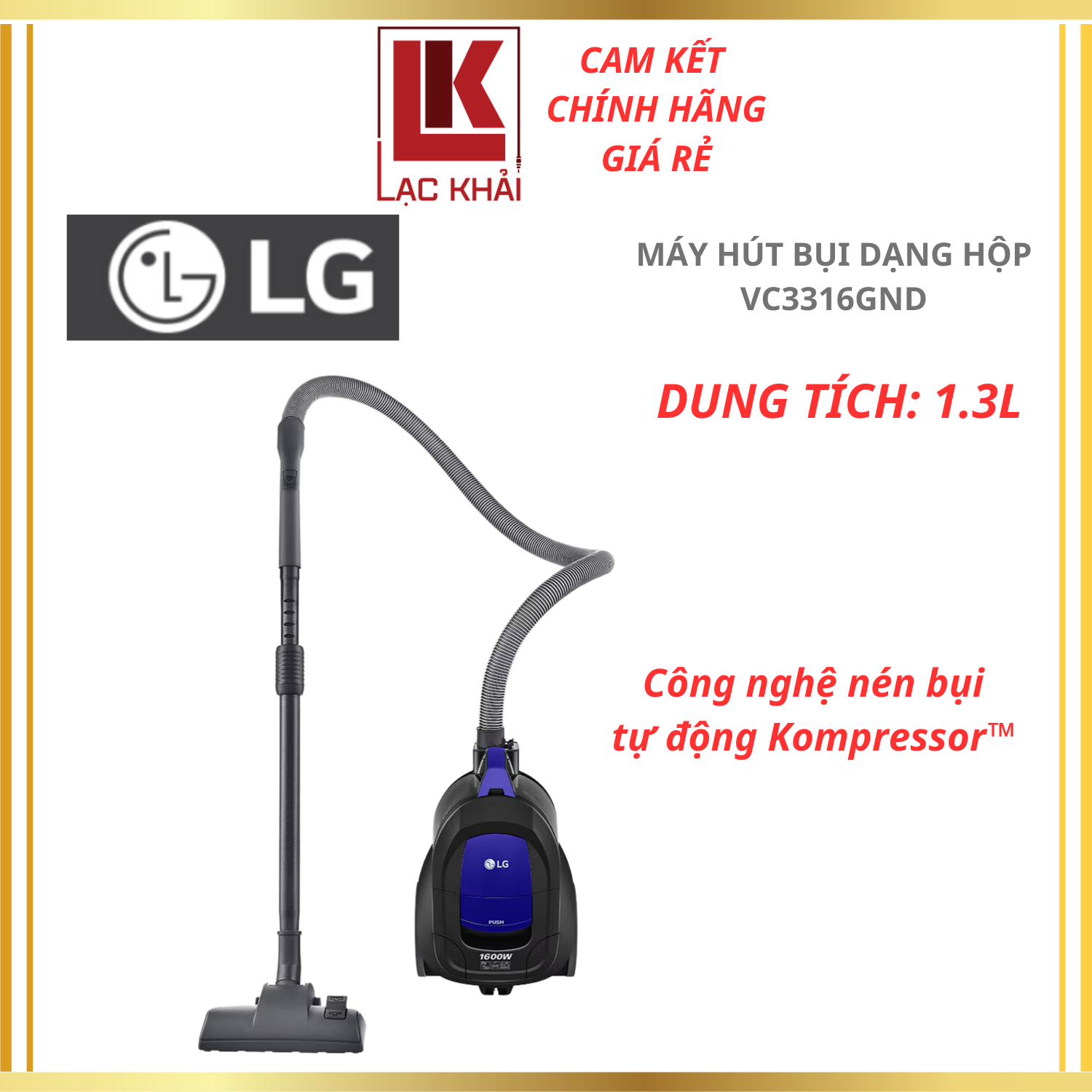 Máy hút bụi dạng hộp LG VC3316GND, màu xanh, công suất 1400W - Hàng chính hãng