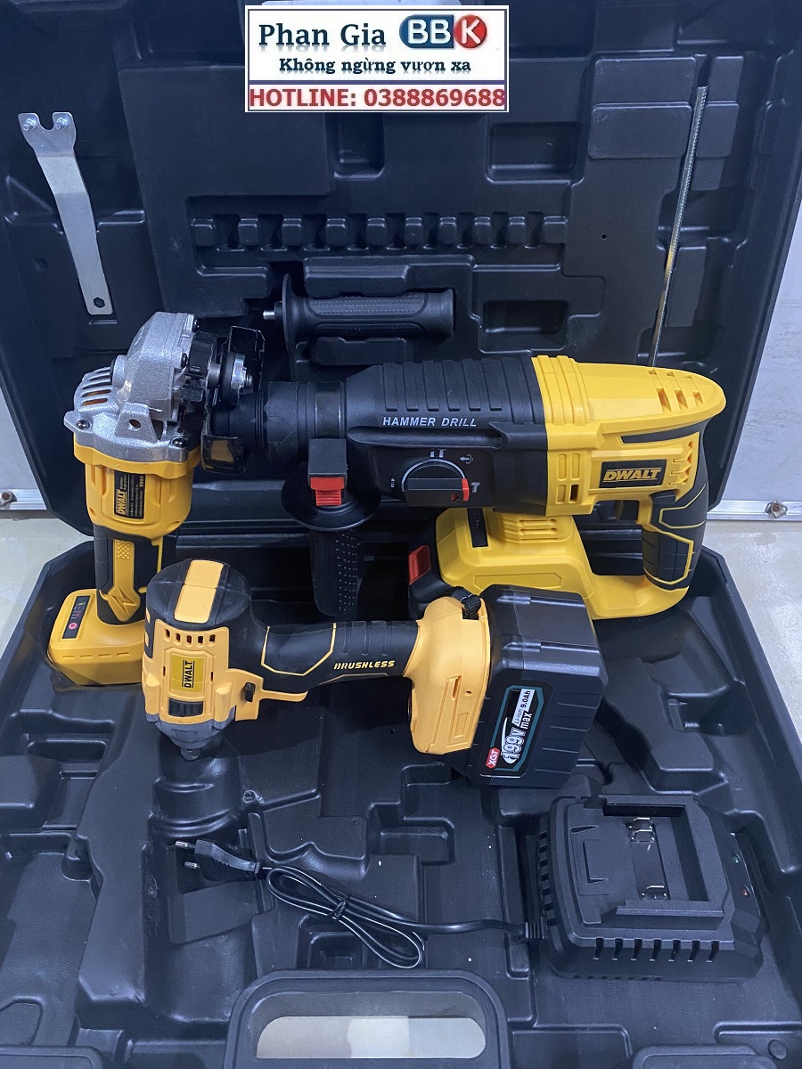 Bộ Combo 3 Trong 1 Gồm Máy Khoan Đục Bê Tông, Máy Mài Và Máy Siết Bulong Dùng Pin 199V, 2 Pin 15 Cell, Động Cơ Không Chổi Than