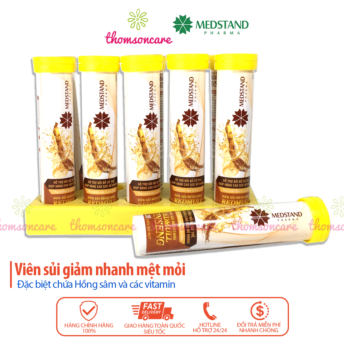 Viên sủi giảm mệt mỏi từ nhân sâm và vitamin - Redmull Ginseng medstand - Tuýp 20 viên tăng sức đề kháng