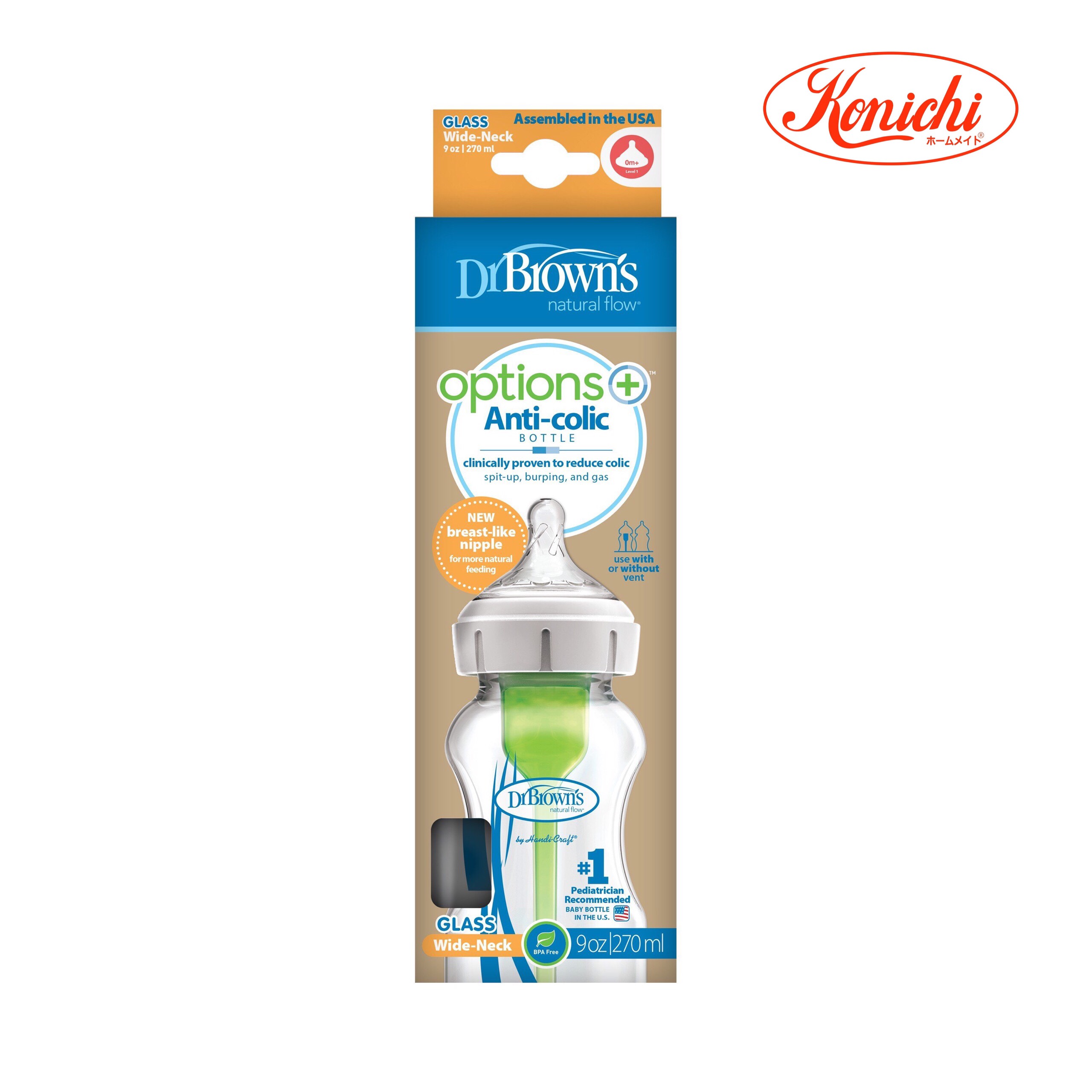 Bình sữa Dr.Brown's tùy chọn Plus cổ rộng thủy tinh 270ml
