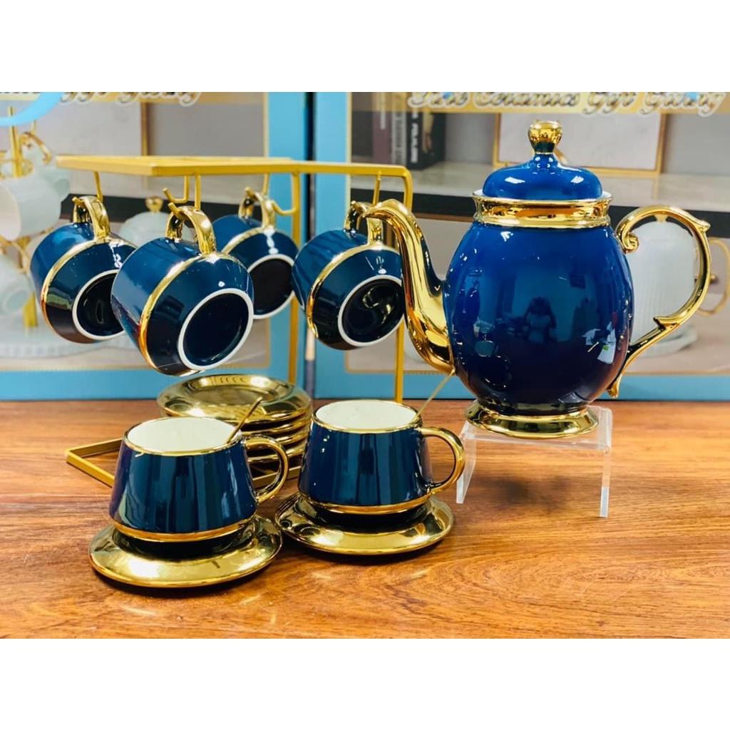 Bộ ấm chén sứ pha trà cà phê cao cấp có giá treo và đĩa kê