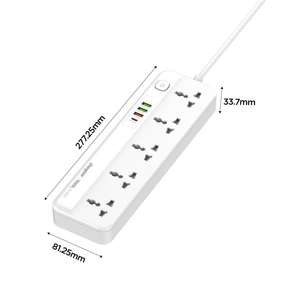 Ổ điện đa năng Energizer 5AC kèm 3USB-A và 1USB-C sạc nhanh PD (max 20W) - White - Chịu tải tối đa 2500W - Hàng chính hãng