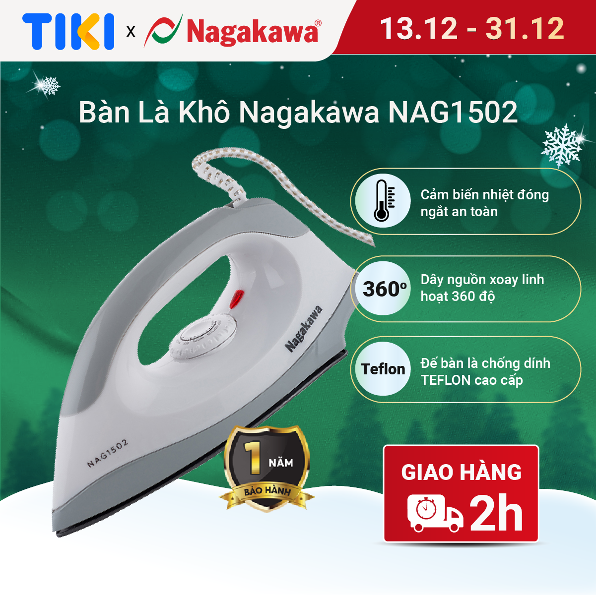 Bàn Ủi Khô Nagakawa NAG1502 (1200W) - Màu Ghi - Hàng Chính Hãng