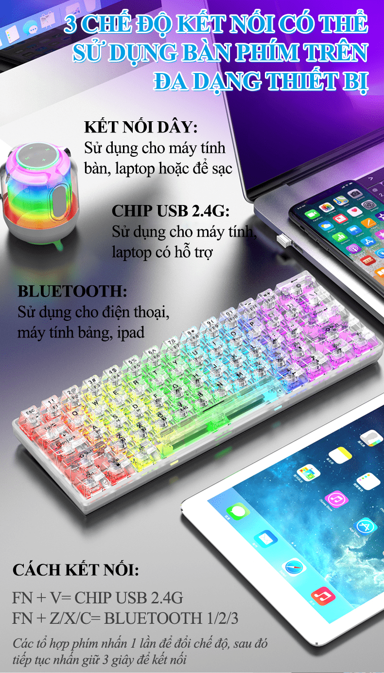 Bàn phím cơ XF K30PRO KHÔNG DÂY trong suốt gồm 3 chế độ với 20 chế độ đèn led RGB siêu đẹp-HT