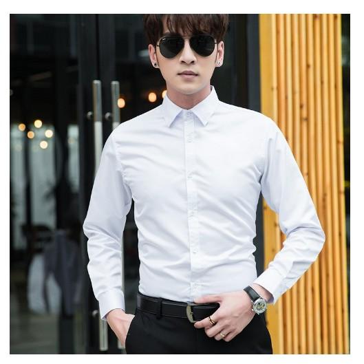 Áo Sơ Mi Nam trắng dài tay Hàn Quốc form body, vải lụa Thái chống nhăn
