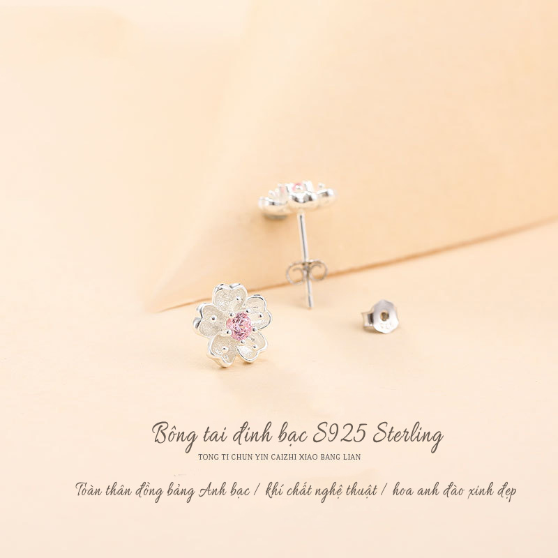 Bông tai hoa tai trái tim hoa nhỏ Bạc S925  phong cách Nhật Bản và Hàn Quốc ngọt ngào khảm kim cương