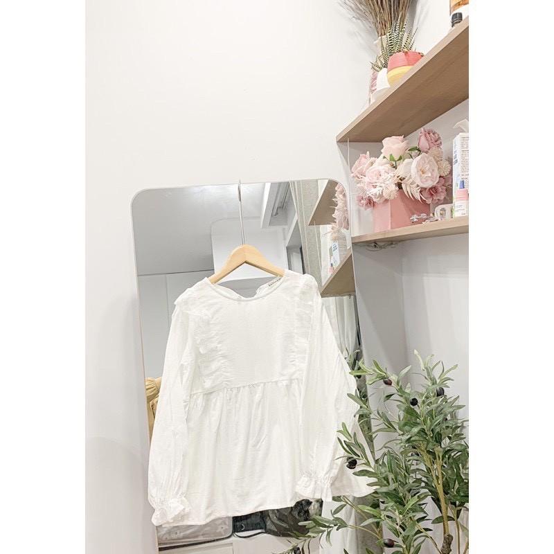 Áo babydoll viền bèo tay bồng sơ mi trắng tiểu thư