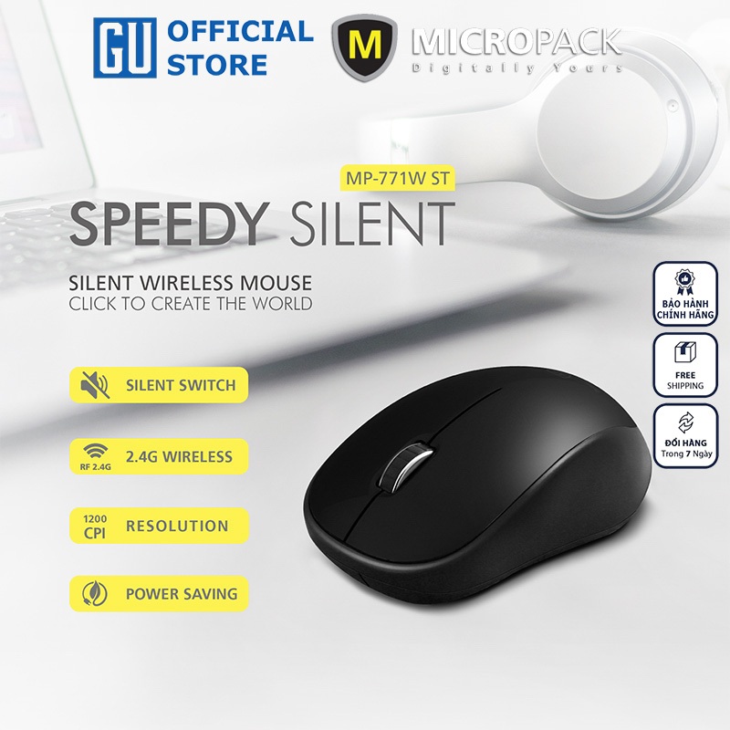 Chuột không dây MicroPack SPEEDY SILENT MP-771W Công Nghệ Giảm Tiếng Ốn Kiểu Dáng Đẹp Tiện Dụng Giảm Mỏi Tay Hàng Chính Hãng