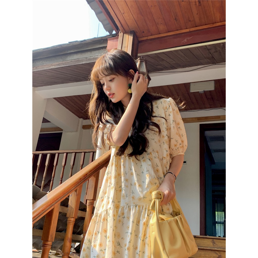 Váy babydoll hoa nhí cột nơ tay phồng tiểu thư