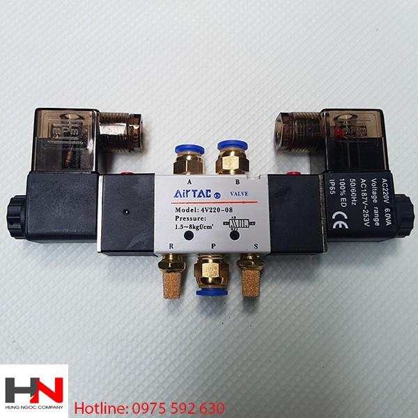 Van điện từ điều khiển xi lanh khí nén 2 đầu điện 4v220-08 có chân kết nối ống 8mm