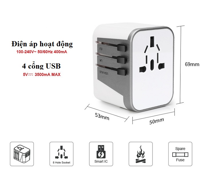 Ổ cắm điện đa năng quốc tế WT tích hợp nhiều chân cắm ( Tặng kèm 01 bóng đèn tiết kiệm điện cắm cổng USB màu ngẫu nhiên )