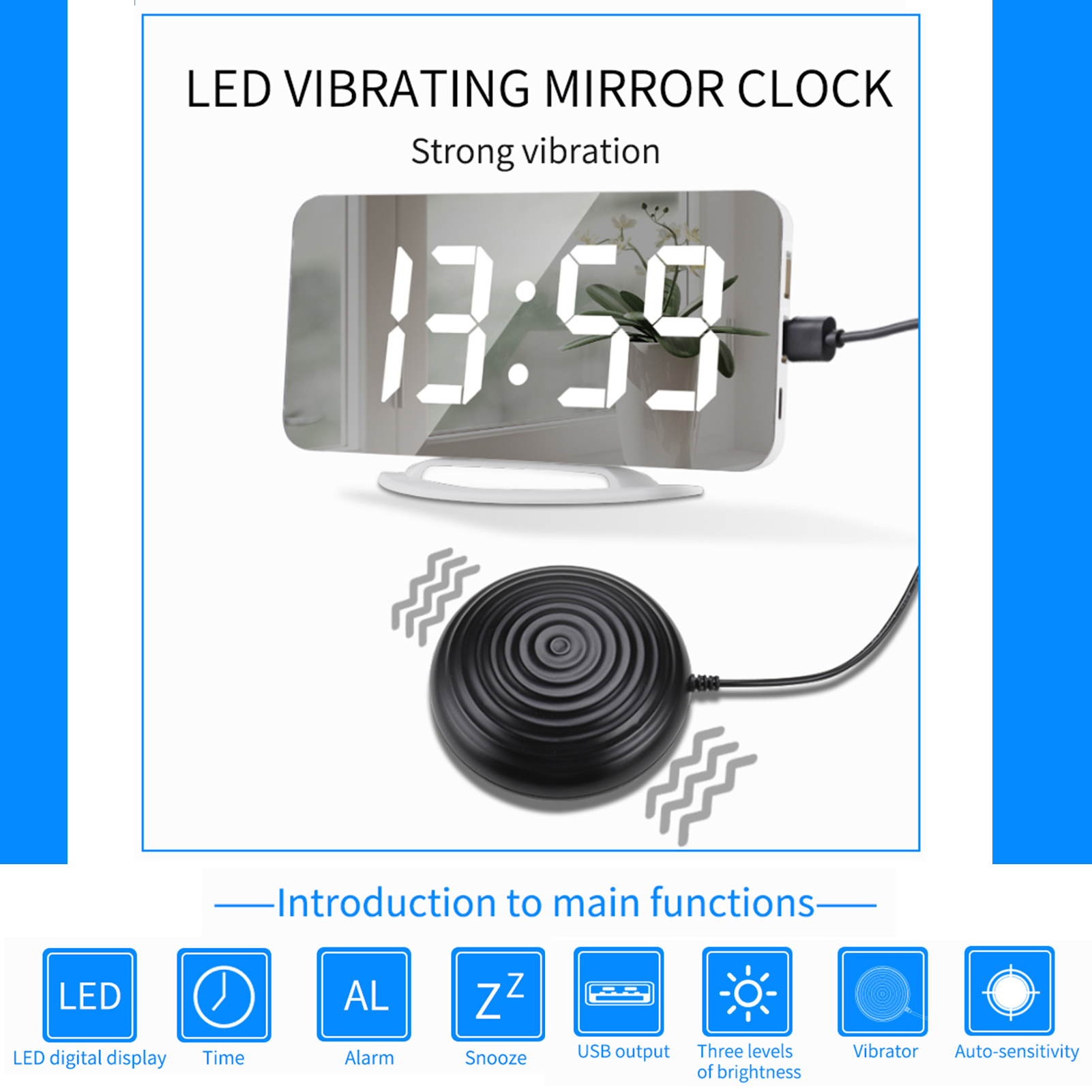 Đồng hồ báo thức rung kỹ thuật số với màn hình gương rõ ràng lớn có thể điều chỉnh Độ sáng, Cổng USB kép, Chế độ báo lại
