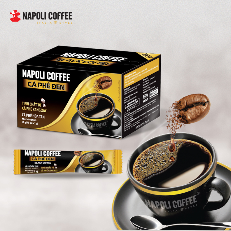 Cà phê đen không đường Napoli Coffee 15gói x 2g - Cafe Arabica rang xay hoà tan hạt SẠCH chua thanh hậu ngọt