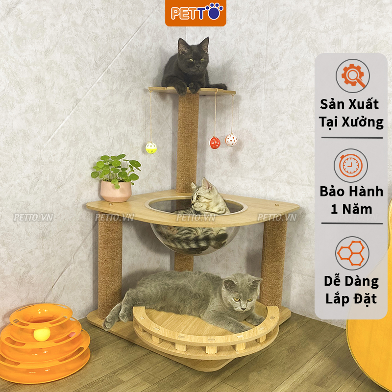 Trụ cào móng cho mèo bằng gỗ kèm lồng kính xinh xắn CT044