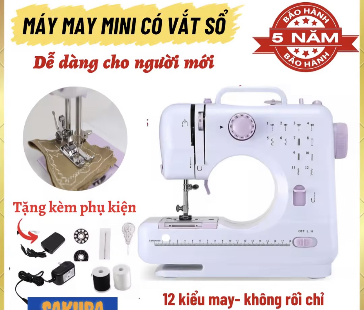 Máy May Mini Gia Đình FHSM505 12 Kiểu May, Có Vắt Sổ