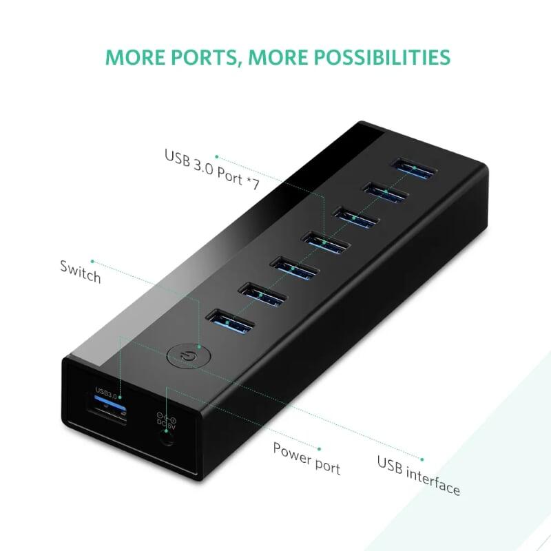 Ugreen UG30845US219TK Màu Đen Bộ chia HUB USB 3.0 sang 7 USB 3.0 hỗ trợ nguồn cao cấp - HÀNG CHÍNH HÃNG