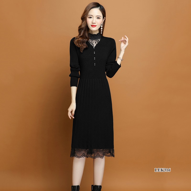 Váy len nữ phối ren thanh lịch sang trọng