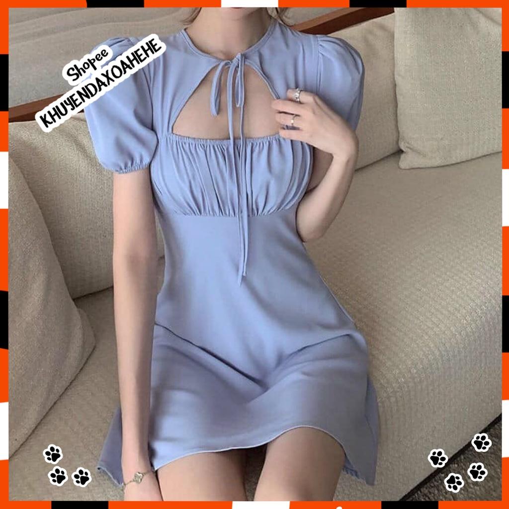 V012 Váy khoét ngực tay bồng sexy ôm body quyến rũ, đầm ngắn thắt nơ nhúm ngực điệu đà chữ A tiểu thư công chúa xinh xắn