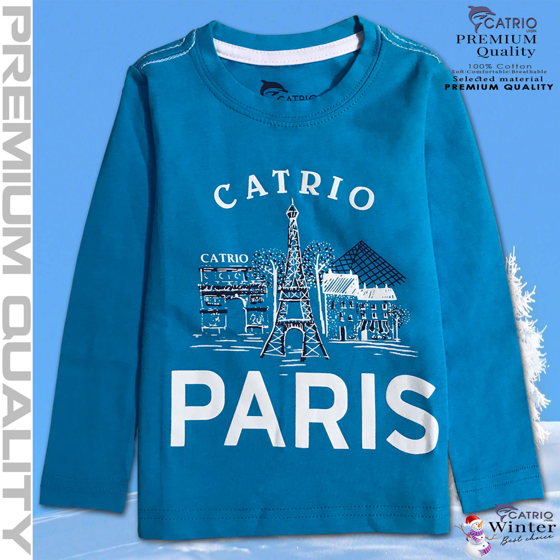 ÁO THUN DÀI TAY BÉ TRAI CATRIO in PARIS màu XANH BIỂN là áo phông tay dài trẻ em từ 8kg 10kg 12 kg .. 23kg cổ tròn vải dệt kim co giãn 4 chiều + quần dài cotton thành bộ đồ thu đông cho bé rất đẹp