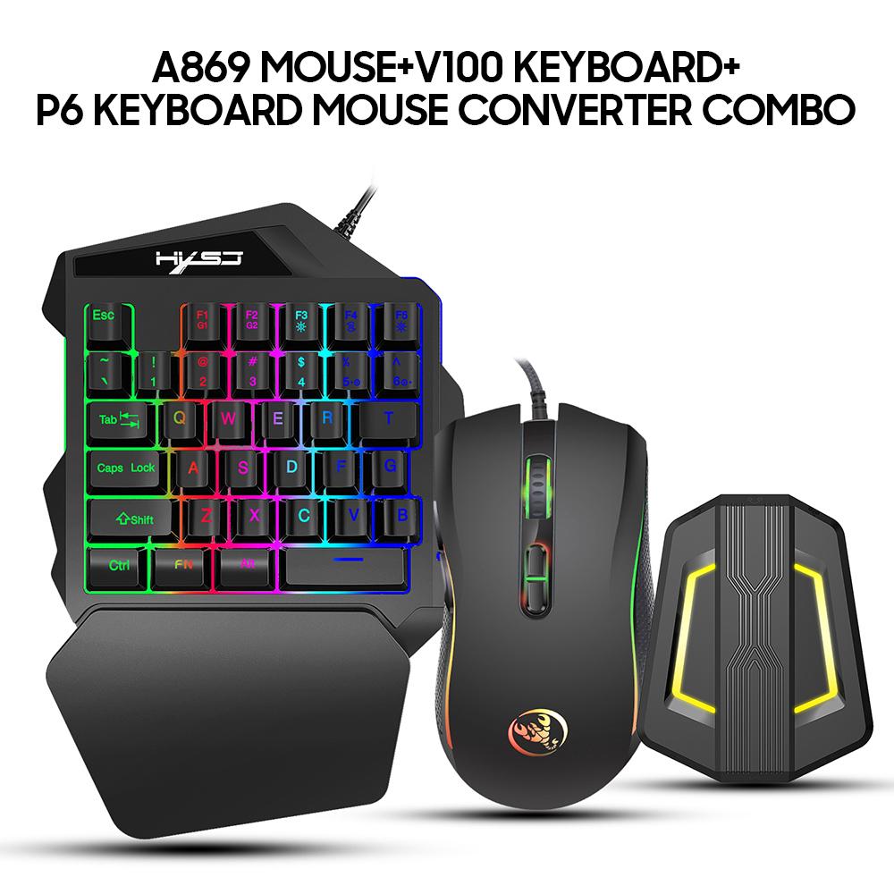 HXSJ A869 Wired RGB Ergonomic Gaming Mouse V100 35 Keys Single-hand Gaming Keyboard P6 Portable Keyboard Mouse Converter